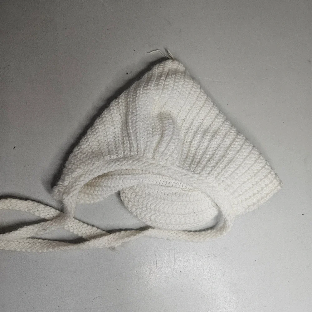 Handmade White Crochet Pixie Baby Bonnet with Pom Poms and Chin Straps